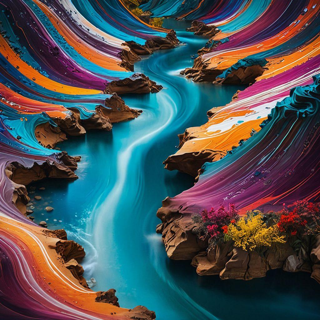 A captivating visual scene showcasing a surreal landscape where vibrant colors blend with abstract art forms, symbolizing the fusion of art and desire. Include elements like sensuous figures intertwined with intricate patterns, and soft, flowing textures that evoke intimacy. The setting should feel dreamlike, with hints of adult visual content subtly integrated into a tasteful composition. Aim for a unique aesthetic that invites exploration while maintaining elegance. surrealism. vibrant colors. soft focus.