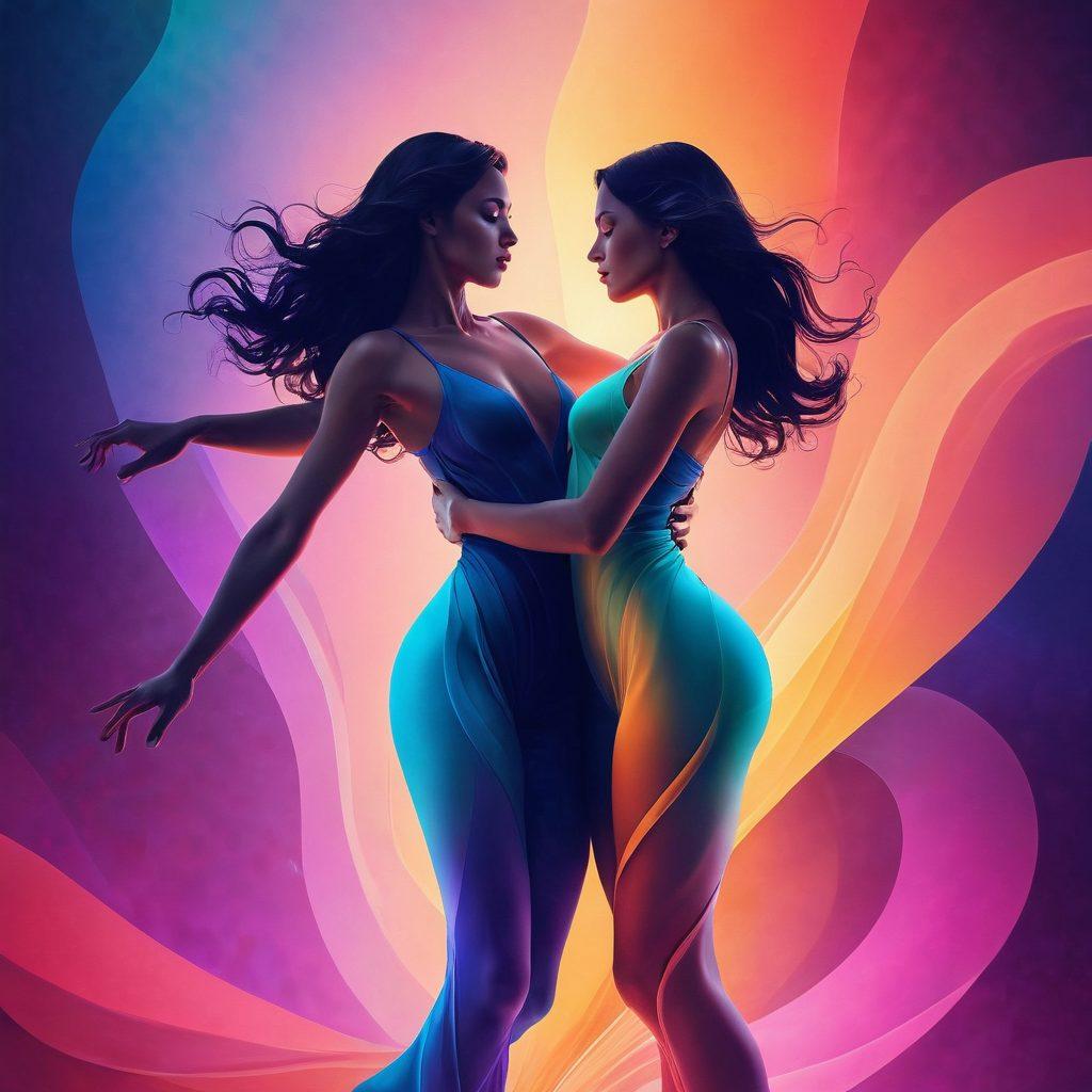 A breathtaking digital artwork showcasing flowing shapes and luminous colors representing sensuality and allure. Integrate abstract figures intertwined gracefully, exuding intimacy and elegance. The background should blend soft gradients with vivid accents, creating a dreamlike atmosphere. Include intricate patterns reminiscent of digital textures, reflecting the art of erotic graphics. super-realistic. vibrant colors. digital art.